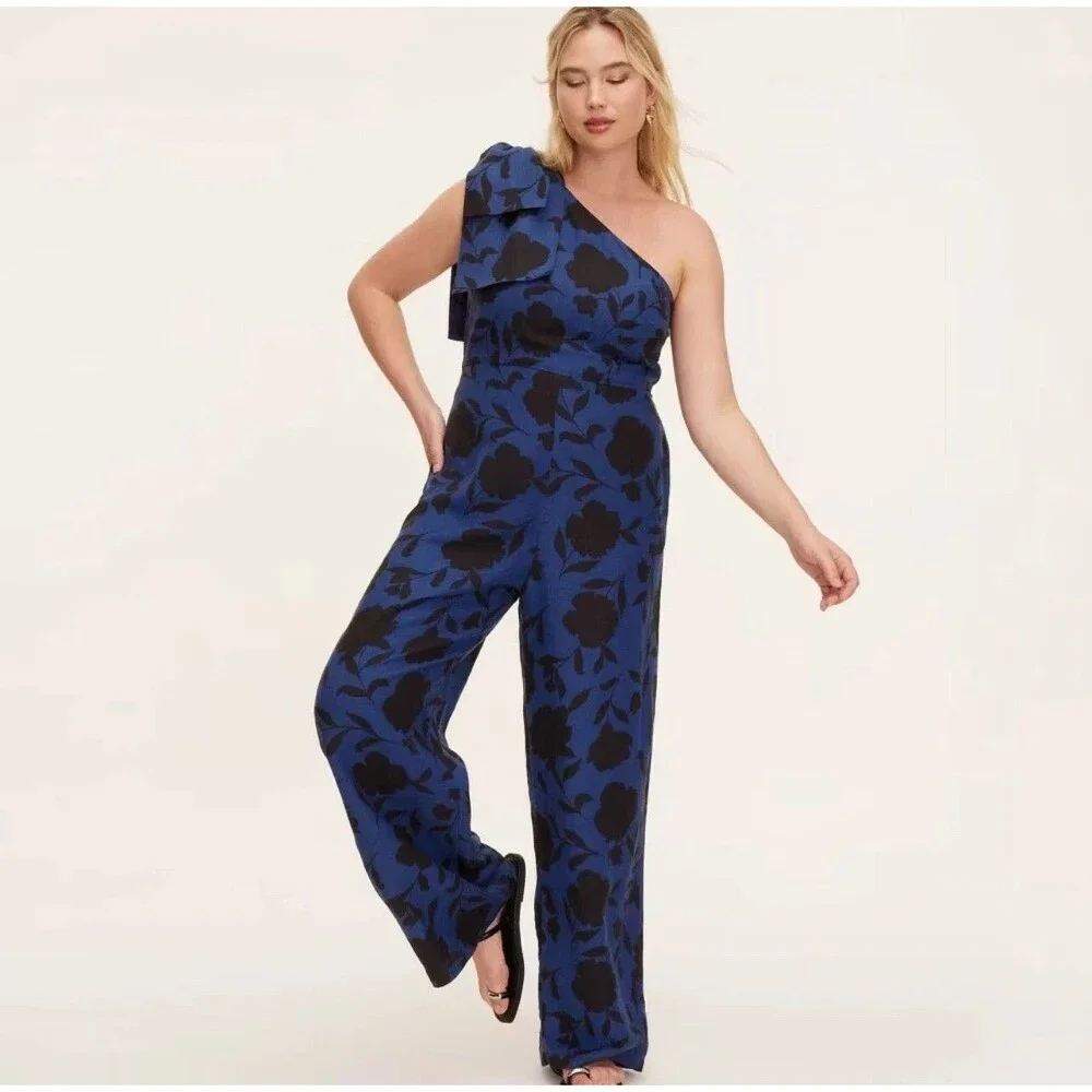 NWT~ Kate Spade sz 6 Classic Rose Floral Navy Blk Jumpsuit one shoulder bow